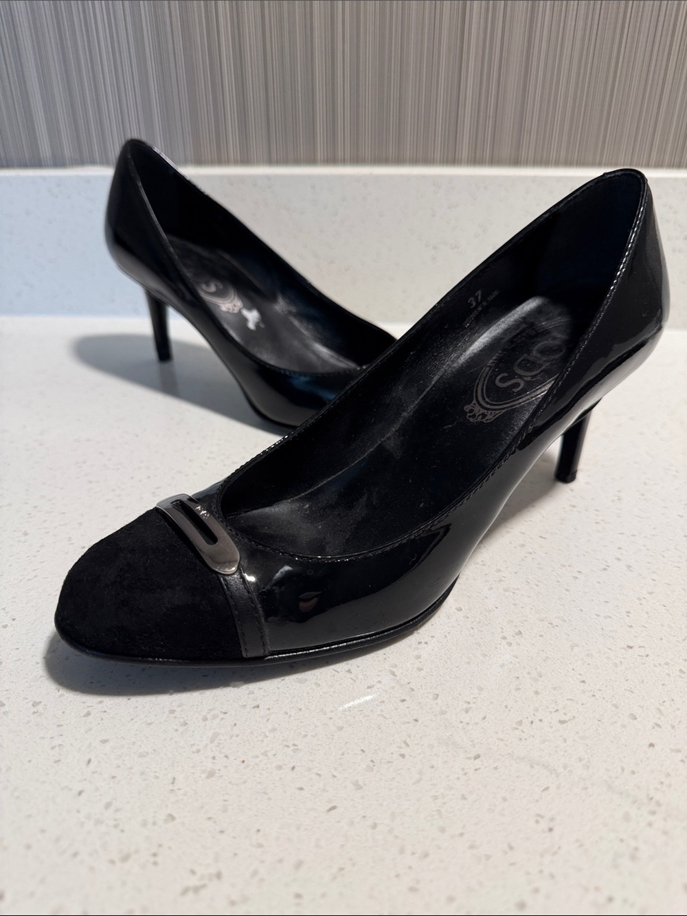 Tod's Black Patent and Suede Cap-Toe Pump